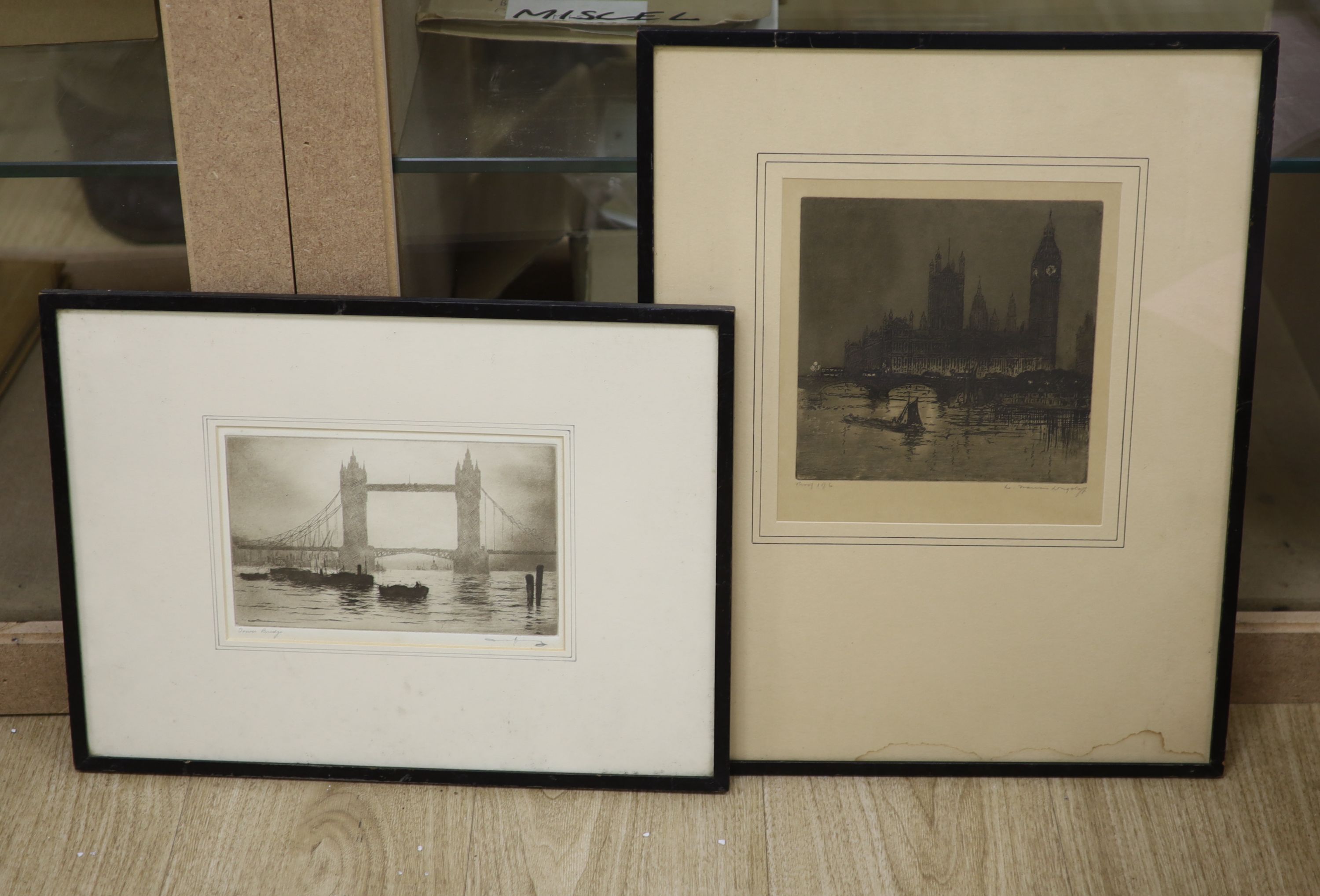 Edgar James Maybery (1877-1966), etching, Tower Bridge, signed in pencil, 12 x 20cm and an L.F. Longstaff etching of Westminster, 17 x 17.5cm